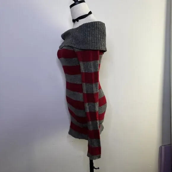 Vintage Y2K Striped Off the Shoulder Sweater Emo Scene Soft Girl Goth Witch S - Picture 6 of 7